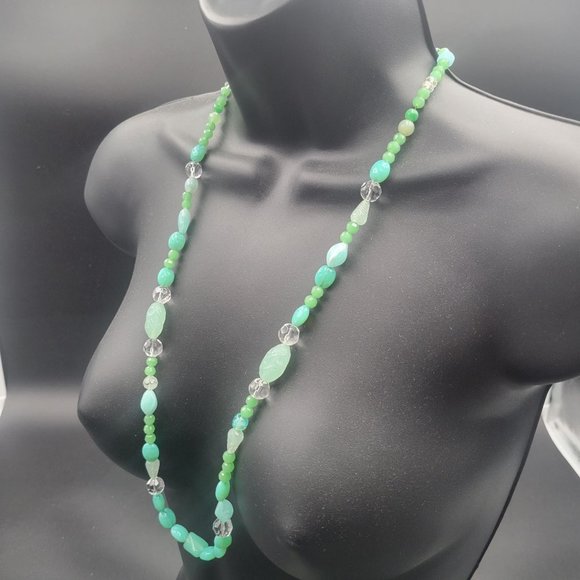 Art Deco Fluorescent UV Glows Faux Green Jade Malachite Glass Necklace 28" - Picture 2 of 9